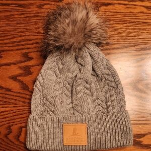 Gray Knit Beanie with Faux Fur Pom